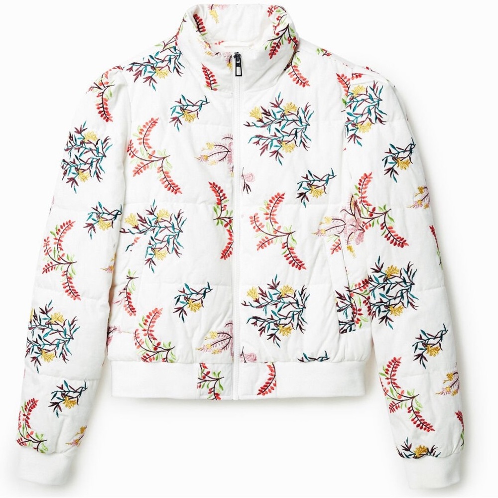 Desigual NWT Nicole Floral Embroidered White Quilted Puffer Bomber Jacket M